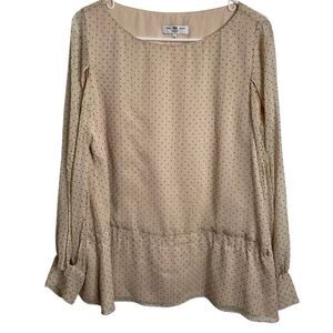 Waverly Grey Womens Split Sleeve Blouse L Beige Black Swiss Dot Layered Business